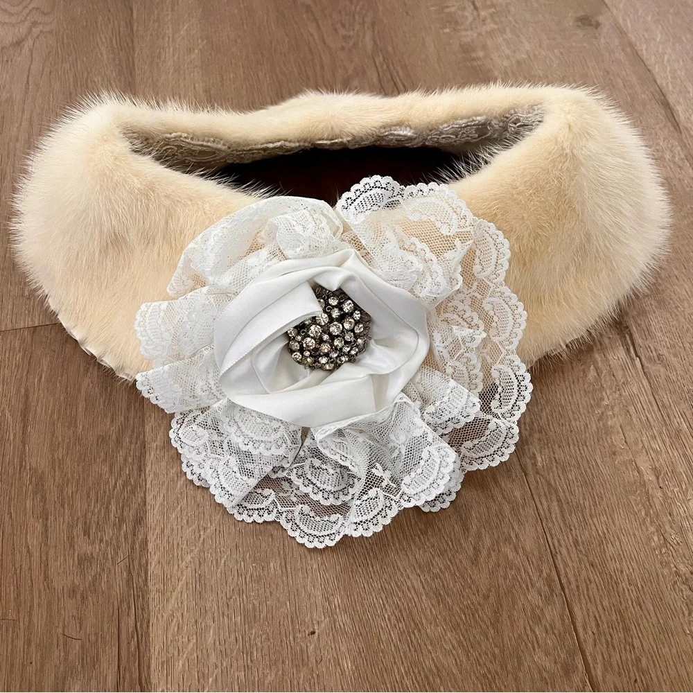VTG CREAM REAL MINK‎ FUR COLLAR WRAP SCARF RHINESTONE FLOWER EMBROIDERED Wedding